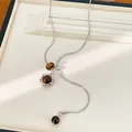 Collier en Y minimaliste en acier inoxydable avec perles d'oeil de tigre et étoile. - Argent-Café