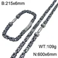 Schweres Edelstahl-Byzanz-Halsketten- und Armbandset für Herren mit Hantel-Akzent - Mattschwarz