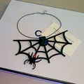 Gothic spider web choker necklace with red gem spider charm for Halloween parties. - Necklace-Black-Red