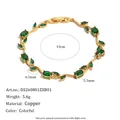 Bracelet élégant en feuilles d'or avec cristaux verts et mesures de taille détaillées. - Vert