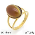 Vintage gold stainless steel ring featuring large oval brown cat-eye stone 15mm width - Brown (KR116224-SP)