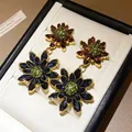 Exquise vintage paleisstijl dubbellaagse bloemoorbellen met blauwe en bruine kristallen - Dubbellaags Bloemhanger Stijl / Blauw Koffie Groen
