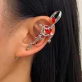 Dark punk silver snake ear wrap earring with marquise red stones and cross charm. - Snake Red Rhinestone Ear Cuff (DZ-283) / White K and Red