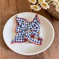 Korean style blue checkered fabric scrunchie with cherry pattern and red trim - Cherry Button Decor Scrunchie / Blue Red Cherry Gingham