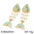 Exotic gold-plated enamel fish dangle earrings featuring white pearl tassel details - Cyan Blue