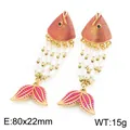 Vibrant enamel fish drop earrings with pearl tassels in gold-plated stainless steel - Red