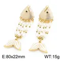Exotic enamel fish pearl tassel drop earrings in gold plated stainless steel finish - White