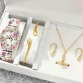 Elegant floral print watch and gold-tone jewelry set in a white display box case - Pink Floral Print