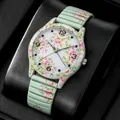 Nahaufnahme einer minzgrünen Damen-Quarzuhr mit elegantem rosa Blumenmuster - Quarzuhr mit Blumendruck (Einzeluhr) / Minzgrün Floral