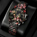 Detailansicht des stilvollen Zifferblatts und Armbands einer Damen-Quarzuhr mit Blumenmuster - Quarzuhr mit Blumendruck (Einzeluhr) / Schwarzer Schlangenmuster Blumendruck
