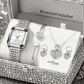 Elegante silberne quadratische Quarzuhr mit passendem herzförmigem Kristallschmuck-Set. - Uhren-Schmuckset mit quadratischem Stahlband / 5-teiliges Set (Box nicht enthalten) / Silber/Weißes Zifferblatt