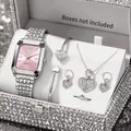 Elegantes silbernes quadratisches Uhren- und Herzschmuck-Set mit rosa Zifferblatt-Details - Uhren-Schmuckset mit quadratischem Stahlband / 6-teiliges Set (Box nicht enthalten) / Silber/Rosa Zifferblatt