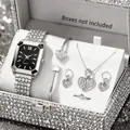 Elegantes Damen-Set mit quadratischer Quarzuhr und Herzschmuck in einer silbernen Box. - Uhren-Schmuckset mit quadratischem Stahlband / 6-teiliges Set (Box nicht enthalten) / Silber/Schwarzes Zifferblatt