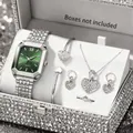 Silbernes Set mit quadratischer Quarzuhr, grünem Zifferblatt und Herzschmuck - Uhren-Schmuckset mit quadratischem Stahlband / 6-teiliges Set (Box nicht enthalten) / Silber/Grünes Zifferblatt