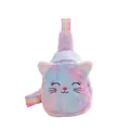 Close-up detail of plush cat-themed kids chest bag featuring colorful rainbow strap - Cat / Purple