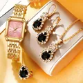 Élégante montre à quartz carrée dorée avec cadran rose et parure de bijoux noire - Parure de bijoux dorée avec pierres roses en forme de poire