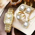 Elegantes goldenes Damenuhren-Set mit rechteckiger Uhr, Ohrringen, Ring und Halskette - Goldfarbenes Set mit klaren Strasssteinen