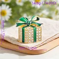 Christmas gift box brooch featuring a vibrant green enamel bow and clear rhinestone crystals - Green Bow Gift Box (115)