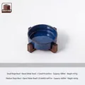 Blaue Keramik-Tiernapf mit Ständer aus Akazienholz im Kiln-Stil - Ofenglasur Blau Wassernapf Mit Einzelständer / Mittel