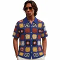Premium men's retro colorful crochet knit hollow-out short-sleeved polo shirt for summer - M / Tops / Navy Blue