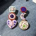 Asymmetrical vintage colorful gemstone earrings with floral enamel and heart charms - Heart Moon Colorful Geometric Asymmetric Earrings (2608134) / Multicolor