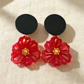 Elegant vintage style red acrylic floral drop earrings with black circular top studs - Hollow Red Petal Earrings (2608205) / Red Black Contrast