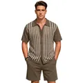 Men's olive green knitwear set featuring button-up polo cardigan and matching shorts - M / Top And Bottom / Brown