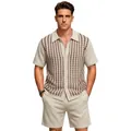 Stylish men's summer knitted two-piece set featuring striped polo shirt and shorts - M / Top And Bottom / Apricot