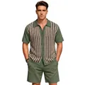 Men's casual green knitted two-piece set featuring short-sleeved cardigan and shorts - M / Top And Bottom / Green