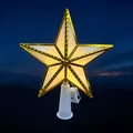 Golden glowing 5-point star Christmas tree topper with warm LED light and white base - 16cm Gold Edge Striped Warm White (Button Battery)