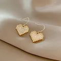 Elegant vintage gold pixelated heart drop earrings with pearl and rhinestone inlay - Pixel Heart Asymmetric Style (E4253)
