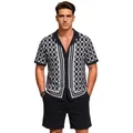 Men's casual knitwear set with geometric pattern Cuban collar shirt and shorts - M / Top And Bottom / Black