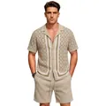 Men's casual knitted two-piece set with Cuban collar cardigan and matching shorts - M / Top And Bottom / Khaki
