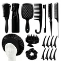 Complete 17-piece black hair styling kit with brushes, combs, and satin bonnet - 18-Piece Set / Black
