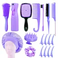 14-piece purple hair styling set with brushes, combs, spray bottle, and satin bonnet - 18-Piece Set / Purple