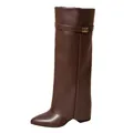 Elegant dark brown leather pointed toe pant-leg boots for women with gold buckle - 35 / Brown