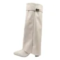 Off-white pointed toe pant-leg boots with decorative metal buckle strap - 35 / Beige