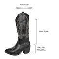 Retro black faux leather cowboy boots with white embroidery, chunky high heel and pointed toe - 36 / Black