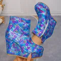 Bottines compensées à plateforme pour femmes, motif mosaïque bleu vif et fermeture éclair. - 36 / Bleu