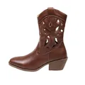 Vintage brown western ankle boots featuring ethnic cut-out patterns and a chunky heel - 36 / Brown