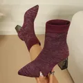 Pointed-toe burgundy knitted sock boots with silver glitter and block heels - 36 / Burgundy