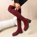 Elegant burgundy over-the-knee sock boots with comfortable chunky mid heels for winter - 35 / Red