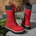 Fashionable red quilted mid-calf boots for women with black knitted cuffs and thick lug sole - 36 / Red