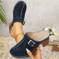 Elegant black suede-like block heel mules for women with decorative buckle and white stitching - 36 / Black