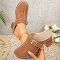 Tan women's chunky heel closed-toe mules with decorative buckle strap and wood-effect heel - 36 / Brown