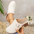 Elegant cream closed-toe chunky heel mules featuring a stylish metal buckle strap - 36 / Off White