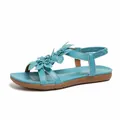 Elegant teal Bohemian flat sandals featuring fabric 3D flowers and elastic back strap - 36 / Blue