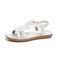 Elegant white Bohemian flat sandals for women featuring detailed 3D flower decorations - 36 / White