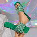 Fashionable green flat slide sandals featuring exquisite sparkling rhinestone straps for summer - 36 / Green