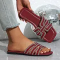 Elegant burgundy flat sandals with shimmering rhinestone straps and square toe design for summer - 38 / Burgundy